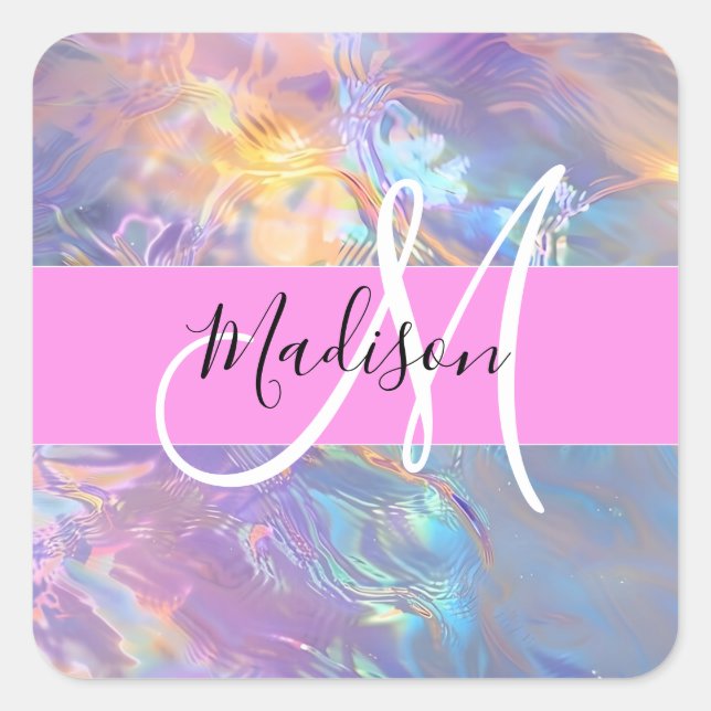 Sticker Carré Nom de monogramme holographique iridescent rose fé (Devant)