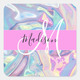 Sticker Carré Nom de monogramme holographique iridescent rose fé