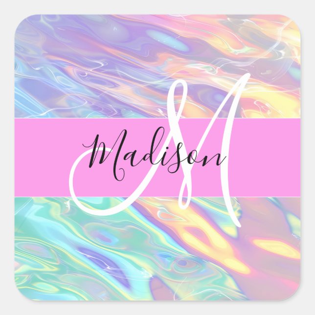 Sticker Carré Nom de monogramme holographique iridescent rose fé (Devant)