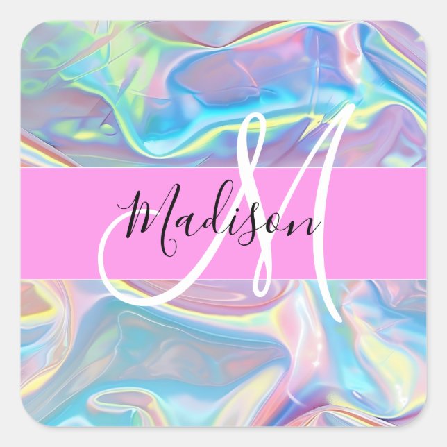 Sticker Carré Nom de monogramme holographique iridescent rose fé (Devant)