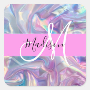 Sticker Carré Nom de monogramme holographique iridescent rose fé