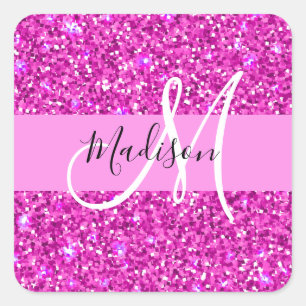Sticker Carré Nom de monogramme scintillant paillettes rose et m