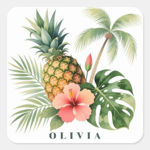 Sticker Carré Nom d'été Fleur de Hawaï Ananas & Hibiscus
