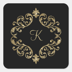 Sticker Carré Nom du monogramme Black Gold Mariage Parti officie