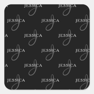 Sticker Carré Nom élégant et monogramme   Noir, blanc et gris