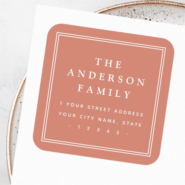 Sticker Carré Nom élégant frontière terre cuite adresse de retou (Elegant name border terracotta return address square sticker)