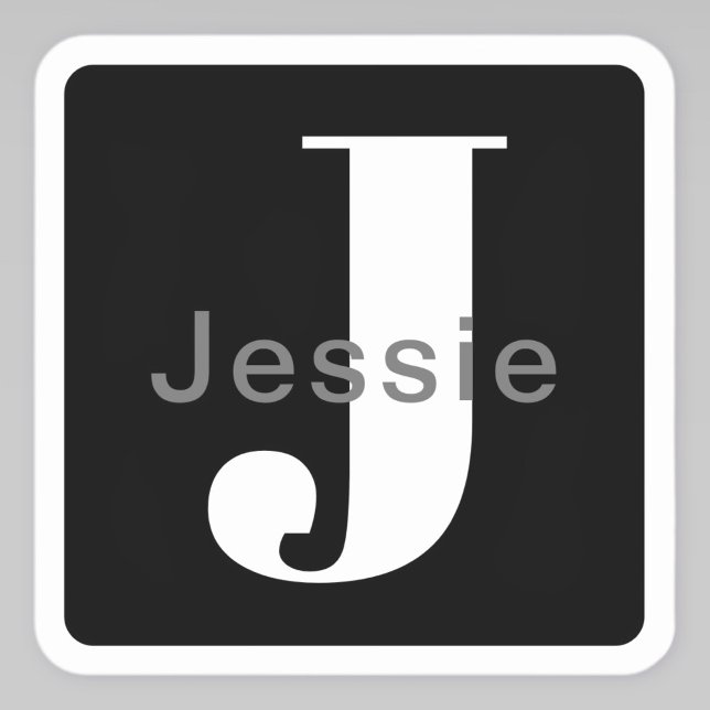 Sticker Carré Nom et monogramme | Noir arrondi blanc et gris (Créateur téléchargé)
