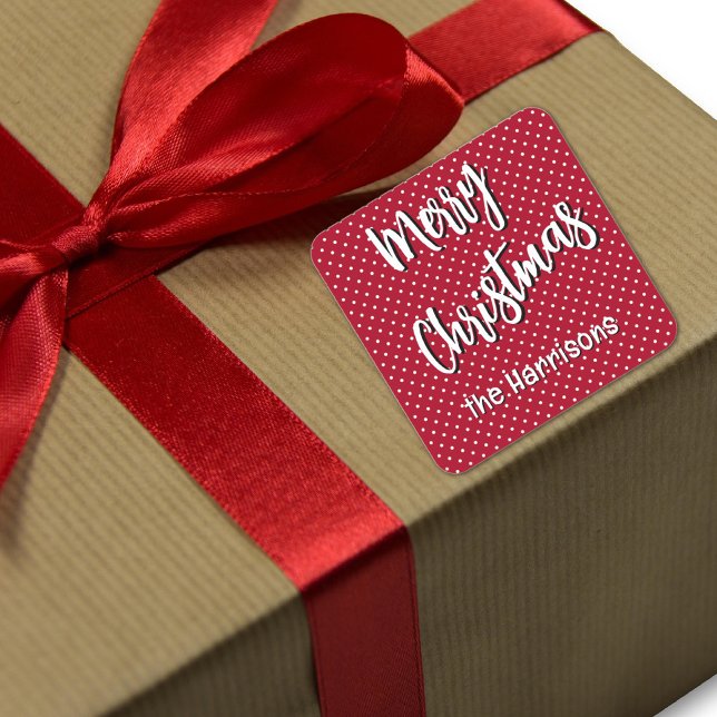 Sticker Carré Nom, Joyeux Noël Rouge & Pois blancs (Créateur téléchargé)
