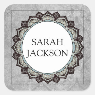 Sticker Carré Nom Monogramme Décoratif Stylisé Arête Florale Gri