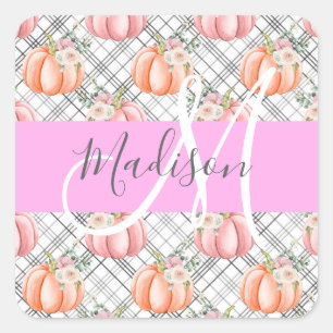 Sticker Carré Nom Monogramme Fleurie Féminin Gris Rose Pêche Cit
