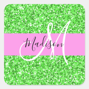 Sticker Carré Nom monogramme paillettes scintillantes rose et ve