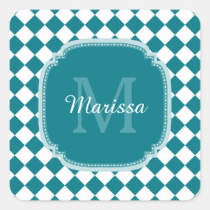 Sticker Carré Nom Monogrammé Turquoise et blanc tendance