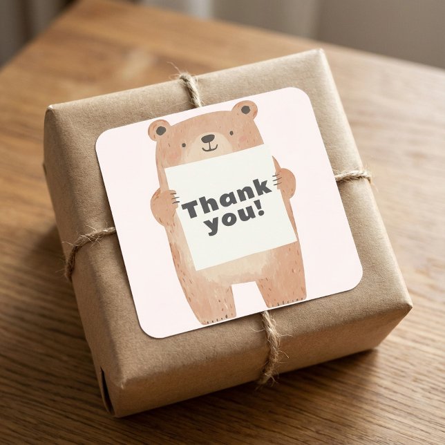 Sticker Carré Nom ou message de l'ours mignon Signer rose (Cute Bear Holding name or message Sign pink Square Sticker.)