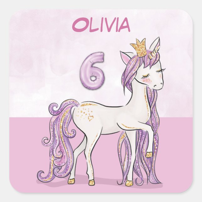 Sticker Carré Nom personnalisé 6e anniversaire Cheval rose avec  (Devant)