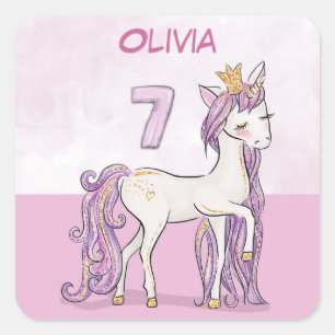 Sticker Carré Nom personnalisé 7e anniversaire Cheval rose avec
