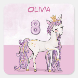 Sticker Carré Nom Personnalisé 8e anniversaire Cheval rose avec