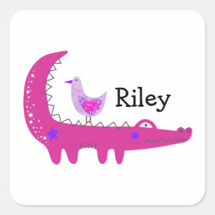 Sticker Carré Nom personnalisé Cute Hot Pink Alligator et Mouett