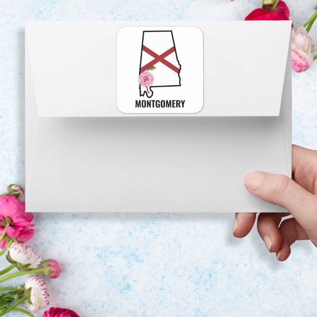 Sticker Carré Nom personnalisé Drapeau de l'Alabama et Fleur de  (Créateur téléchargé)