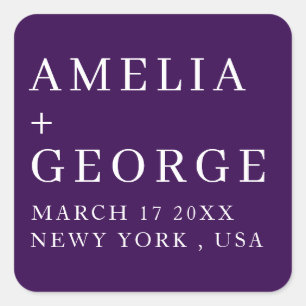 STICKER CARRÉ NOM PERSONNALISÉ ÉLÉGANT MODERNE MARIAGE VIOLET FO