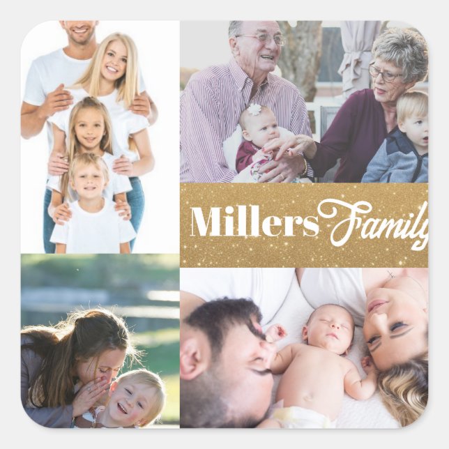 Sticker Carré Nom personnalisé et 4 photo collage porte - clé or (Devant)