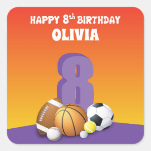 Sticker Carré Nom personnalisé Fille 8e anniversaire Sports Ball