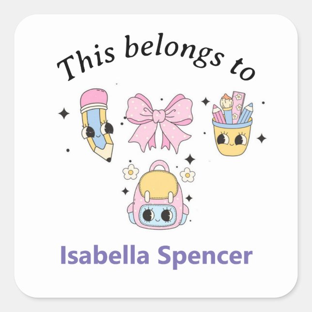 Sticker Carré Nom Personnalisé Fille mignonne Cela Appartient À (Devant)