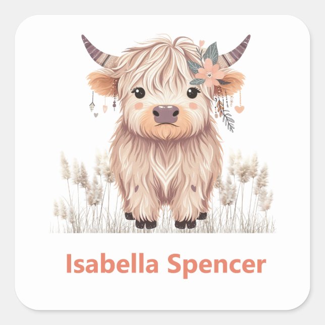 Sticker Carré Nom personnalisé Girl mignonne Modern Highland Cow (Devant)