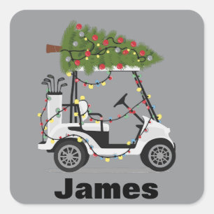 Sticker Carré Nom personnalisé golfeur Noël chariot de golf Xmas
