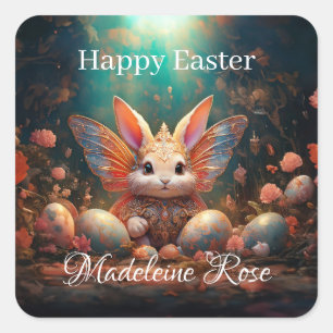 Sticker Carré Nom personnalisé Joyeux lapin de Pâques avec oeufs