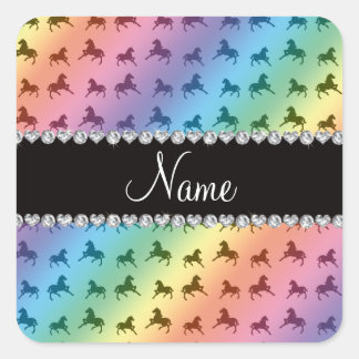 Sticker Carré Nom personnalisé motif de cheval arc-en-ciel