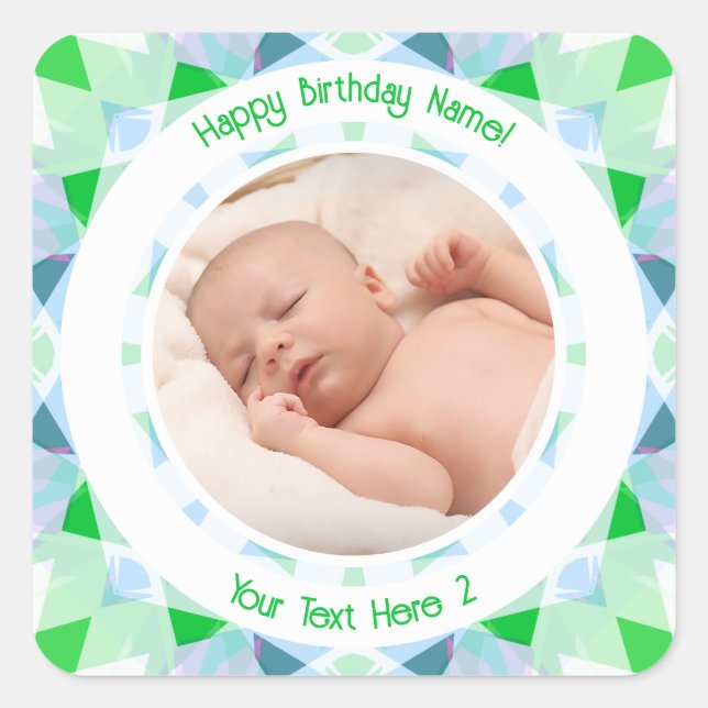 Sticker Carré Nom personnalisé Photo Âge Bleu Vert Anniversaire  (Devant)
