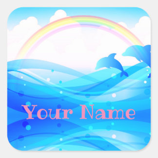 Sticker Carré Nom personnalisé Rainbow Summer Magic Blue Dolphin