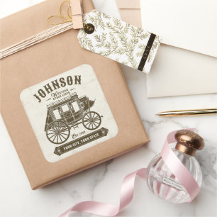 Sticker Carré NOM PERSONNALISÉ Vieux Western Stagecoach Carriage