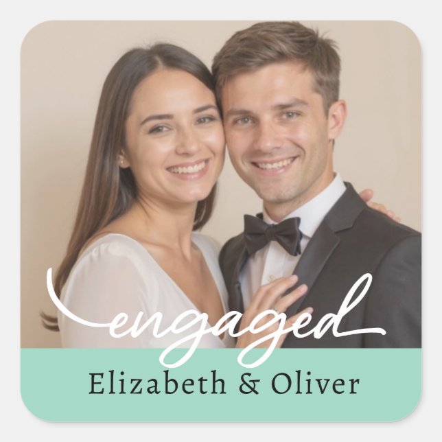 Sticker Carré Nom photo personnalisé Fiançailles Script moderne (Devant)