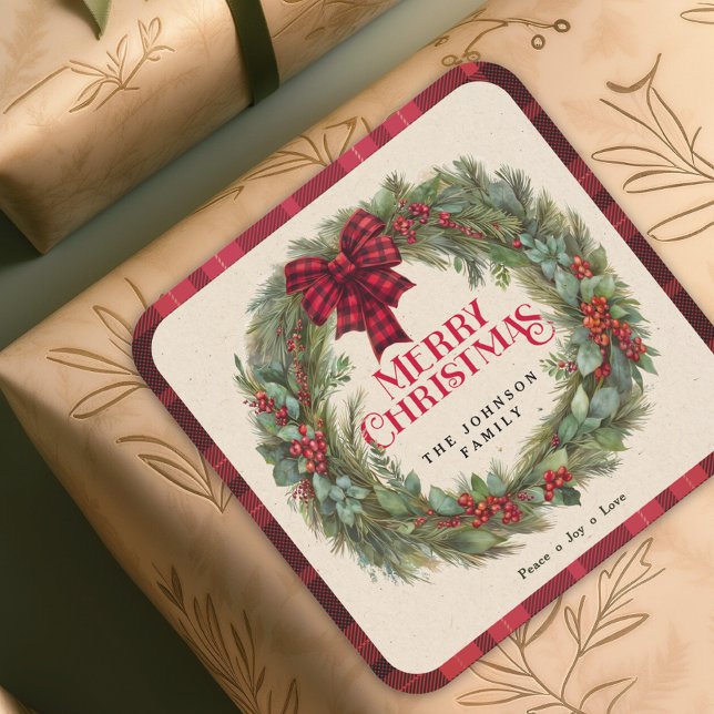 Sticker Carré Nom Red Buffalo Plaid Farmhouse Christmas Wreath (Créateur téléchargé)