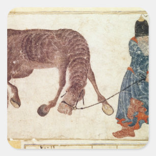Sticker Carré nomade mongol emmenant son cheval à l'eau