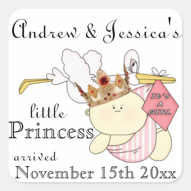 Sticker Carré Noms/dates de la petite Personnaliser de Princesse (Devant)