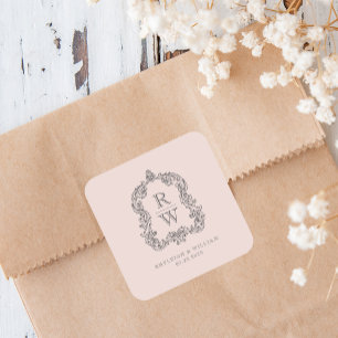 Sticker Carré Noms de blason de monogramme vintage Mariage rose 