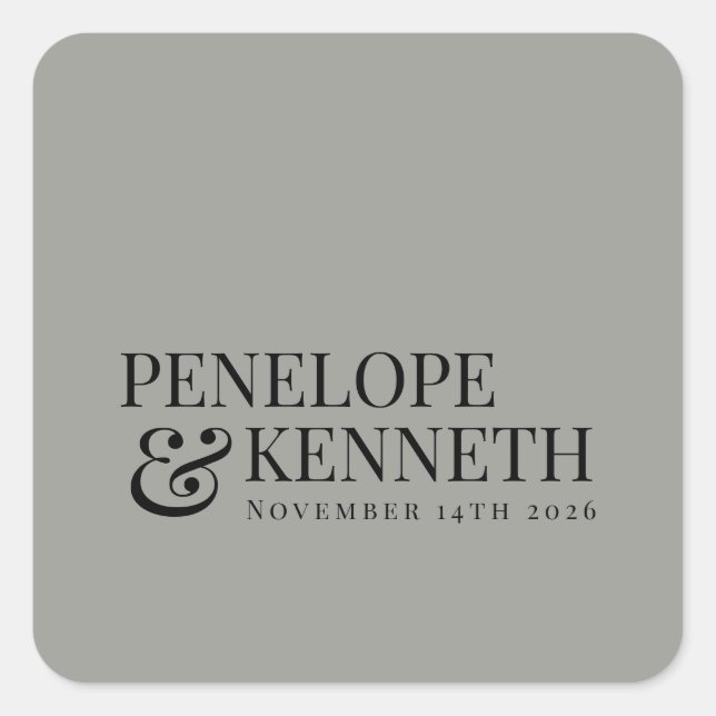 Sticker Carré Noms de mariage personnalisés gris élégant classiq (Devant)