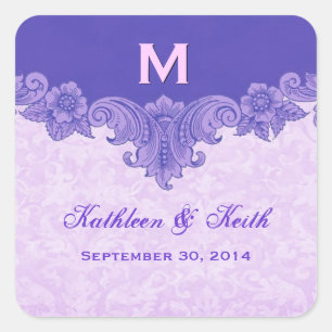 Sticker Carré Noms de mariage violet personnalisés Date S431