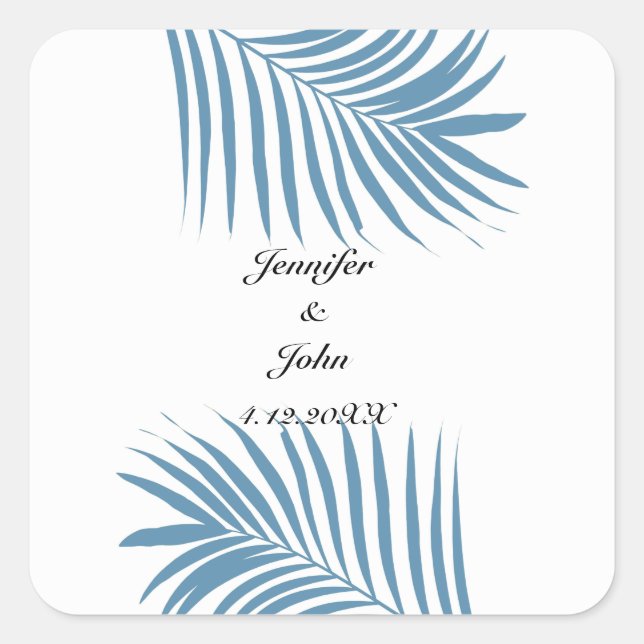 Sticker Carré Noms de Mariages Feuilles Dusty Blue Tropical Palm (Devant)