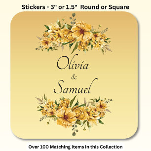 Sticker Carré Noms des mariés Fleurs jaune doré