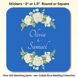 Sticker Carré Noms des mariés Roses Bleu Cobalt et Blanc 