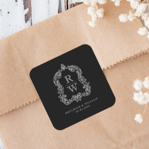 Sticker Carré Noms vintages de crêtes de monogramme Mariage noir