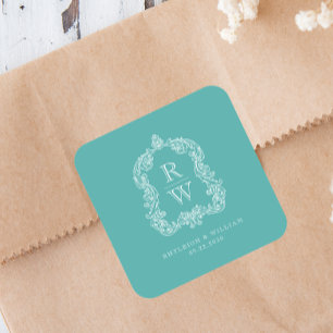 Sticker Carré Noms vintages Monogramme Crest Turquoise Mariage