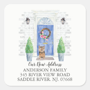 Sticker Carré Norfolk Terrier Porte bleue Nouvelle adresse Étiqu