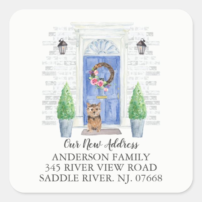 Sticker Carré Norfolk Terrier Porte bleue Nouvelle adresse Étiqu (Devant)