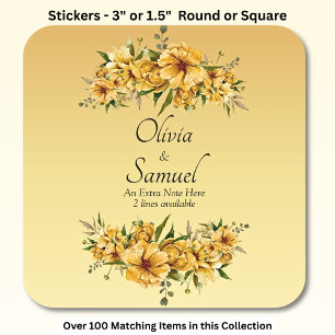 Sticker Carré Note + Noms des mariés Fleurs jaune doré