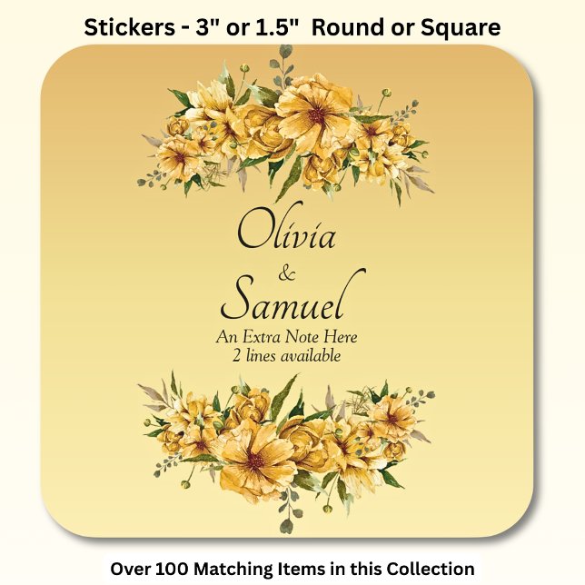 Sticker Carré Note + Noms des mariés Fleurs jaune doré (Créateur téléchargé)