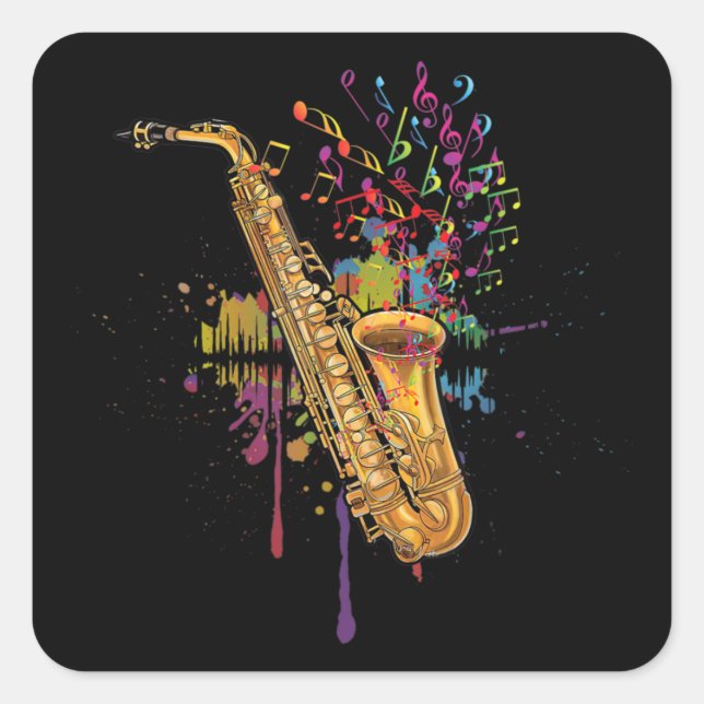 Sticker Carré Notes de musique couleur saxophone pour saxophonis (Devant)